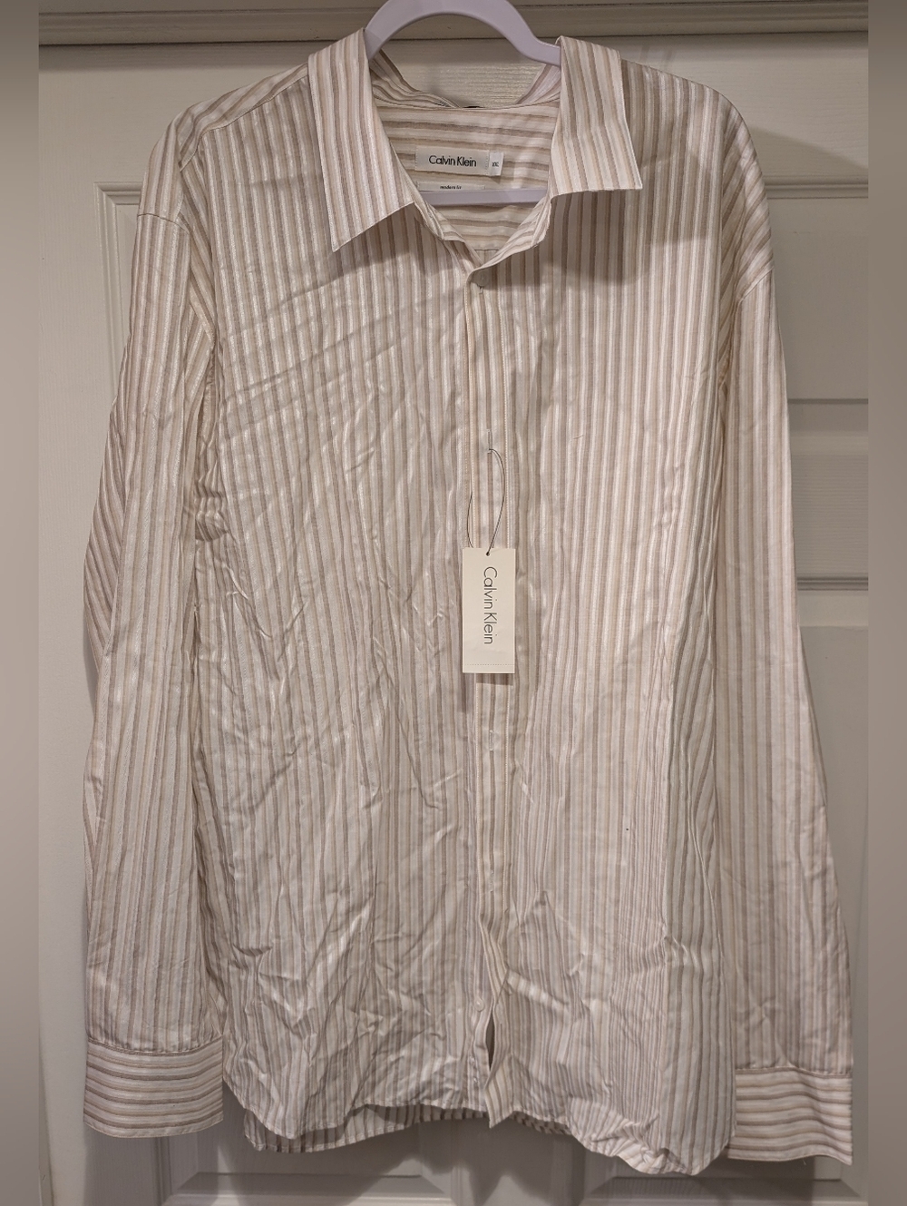 NEW Calvin Klein Men's White Tan Brown Striped Button Down Long Sleeve Shirt NWT